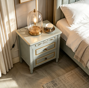 Elegant Gray Modern Farmhouse Style Nightstand with Gold Trim and Carved Details Two-Drawer Design for Bedroom Decor - Product Image 2
