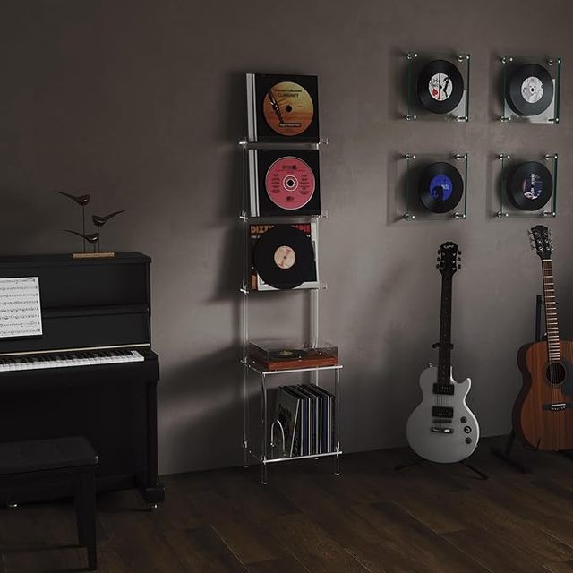 Modern 3-Tier Acrylic Record Player Stand Wall-Mounted Vinyl Storage Table with 100 Album Dividers Clear Display Rack Records