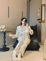 Pyjama deux pièces en coton pour femme, style palais, avec dentelle, imprimé floral mignon, collection Printemps-Automne 2026, version coréenne