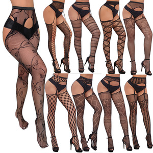 Schicke Hochelastische Netzstrumpfhose mit Strumpfhalter-Optik und Tattoo-Design, Vintage Blumenmuster, Overknee-Strümpfe für Clubwear, Großhandelsangebot - Product Image 1