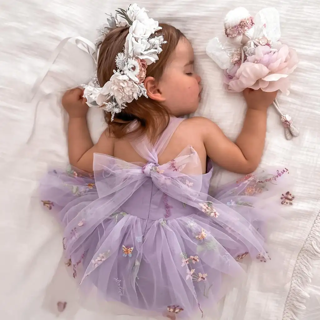 2023 New summer custom floral embroidered tulle kids party wear sweet girl romper dress tutu dresses