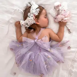 2023 New Summer Custom Floral Embroidered Tulle Kids Party Wear Sweet Girl Romper Dress Tutu Dresses