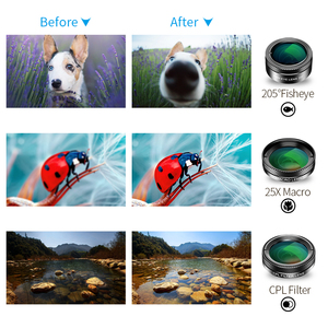 <span class=keywords><strong>Kit</strong></span> d'objectifs externes universels 6-en-1 pour téléphone : Fisheye 205mm, Grand Angle 140mm, Macro 25X, Filtres ND32, CPL et Stellaire Optiques - Product Image 2