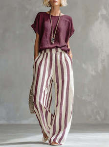 Ensemble 2 pièces pour femmes, haut à manches dolman et pantalon large rayé, <span class=keywords><strong>tenue</strong></span> décontractée polyvalente pour tous les jours, les courses, le brunch - Product Image 5