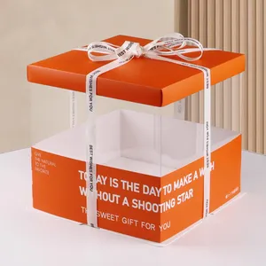 Doorzichtige Plastic Dozen Voor Cake Met Lint Gevouwen Deksel Transparant Hoog Feest Bruiloft Verjaardagstaart Pakket Doos Voor Ambacht