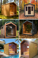 Sauna extérieur en bois massif avec toit incliné, esthétique de villa moderne, extrémités triangulaires, robuste, résistant aux intempéries et imperméable