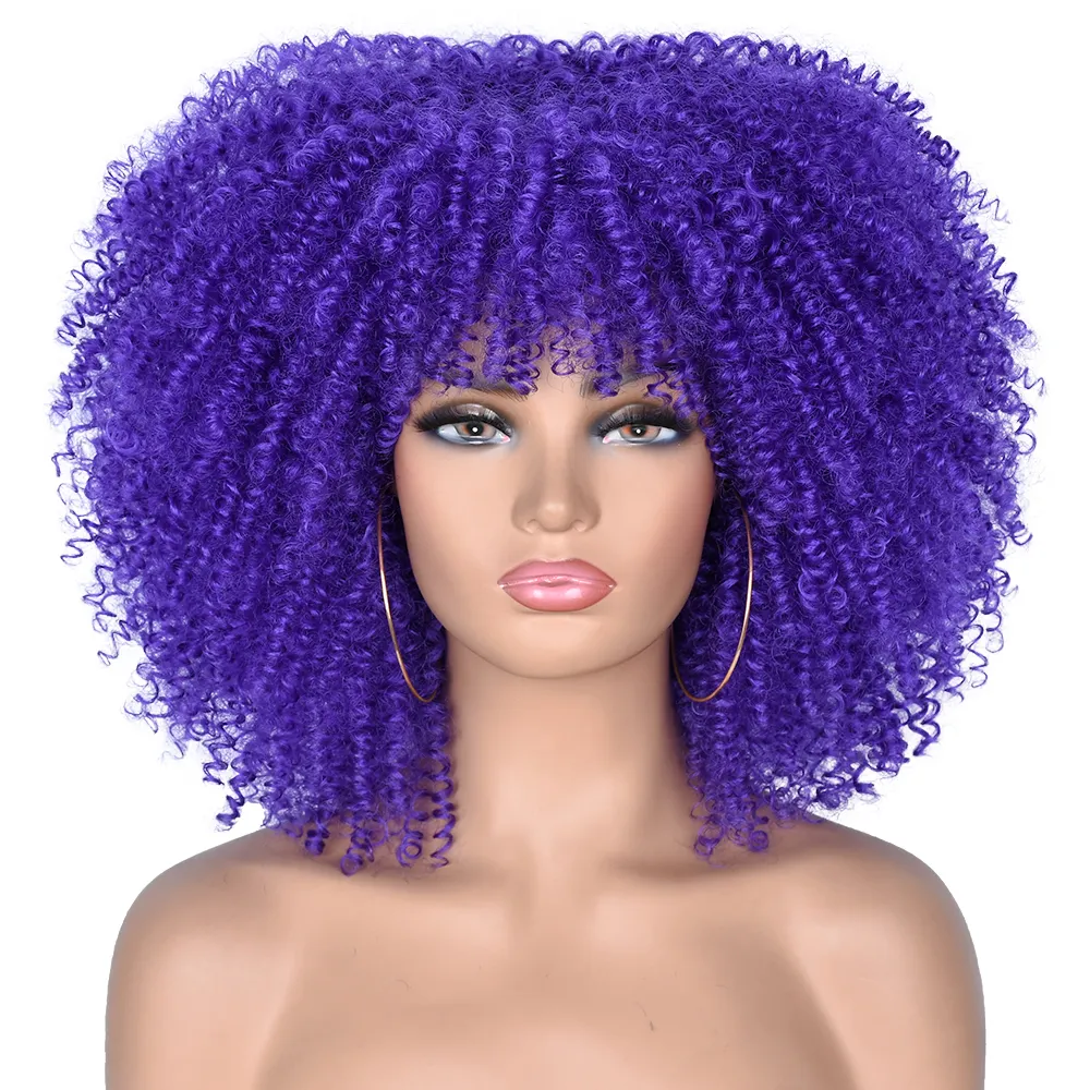 Ombre Cosplay Wigs High Temperature Short Hair Afro Kinky Curly Wigs With Bangs For Black Women