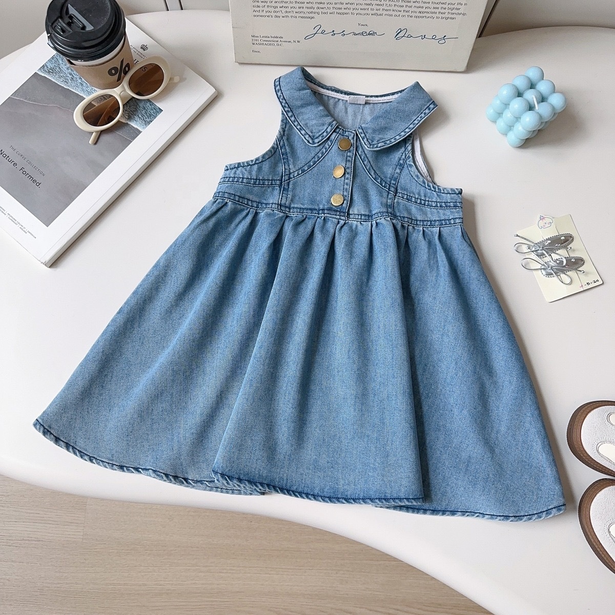 white christmas dresses RuffleButts Light Wash Denim Flutter Bow Dress