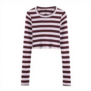 Camiseta Corta a Rayas de Manga Larga con Cuello Redondo y Dobladillo Recto, Transpirable, Informal y Versátil para Mujer, Nueva Colección de Primavera - Product Image 2