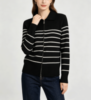 Cardigan en tricot à col polo rayé pour femme, veste en maille côtelée à manches longues et coupe ajustée pour un usage quotidien