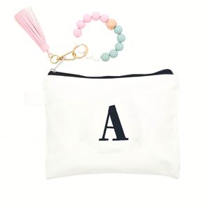 Sac à crayons personnalisé en toile brodée avec alphabet mignon, idéal pour les cadeaux d'anniversaire, de mariage, de demoiselle d'honneur - Product Image 1
