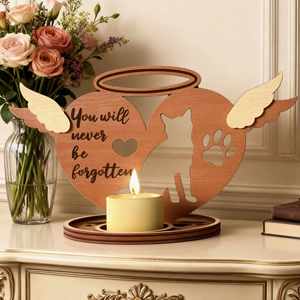 Portavelas de madera hueco hecho a mano con alas de ángel y diseño de gato y perro para lámpara conmemorativa DIY - Product Image 1