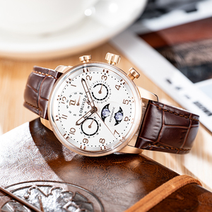 <span class=keywords><strong>OBLVLO</strong></span>, reloj de pulsera automático clásico multifuncional para hombre, calendario de fase lunar, reloj mecánico con correa de cuero resistente al agua, - Product Image 1