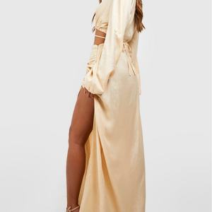 2025 New Design Women Clothing Highly Customized Linen Set <b>Long</b> Sleeves Top with High <b>Split</b> <b>Skirt</b> Lady Two Piece Sets - Product Image 4