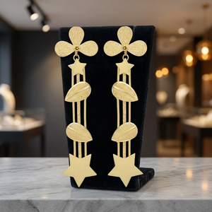 Pendientes de Estilo Étnico con Pétalos de Flores y Hojas Chapadas en Oro, con Colgante de Estrella, Hechos a Mano en Latón, para Regalo - Product Image 2