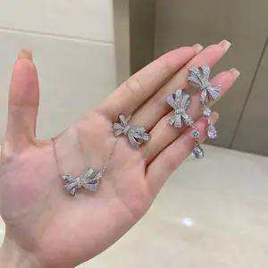 High quality set S925 sterling silver bow ring with a design feeling of glittering delicate necklace and high sense earrings