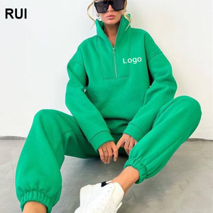 Ensemble de survêtement pour femme RUIQUWIN, automne, poids lourd, respirant, manches longues, col montant, fermeture éclair, coupe ample, doux, confortable, sweat-shirt - Product Image 1