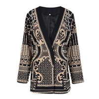 Blazer de luxe noir perlé, veste à sequins épais, broderie de perles, col en V, manches longues, manteau de soirée vintage pour femme