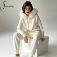 Ensemble deux pièces pour femme en laine tricotée, pull et pantalon large, avec capuche en vraie fourrure de renard, collection Printemps-Automne, personnalisable