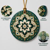 Pendentif de voiture musulman en résine UV personnalisée, motif mosquée 3D verte et dorée, croissant et étoile, article de présentation, calligraphie arabe, cadeau, vente en gros, OEM