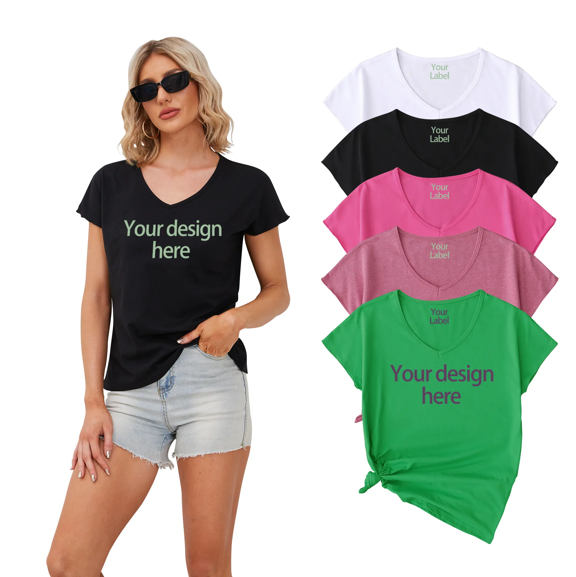 कस्टम टी शर्ट देवियों अपना लोगो जोड़ें हीट-ट्रांसफर प्रिंटिंग समर वी नेक टी-शर्ट महिलाओं के लिए 60% कपास 40% पॉलिएस्टर महिलाओं की टी-शर्ट