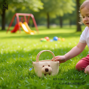 Bolso tejido de paja con diseño de muñeca de dibujos animados, mochila para niños de 12x14cm, cierre de cremallera portátil, para todas las estaciones, unisex - Product Image 2