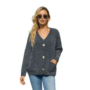 الشنيل سترة أزرار Suppliers-CL-0727 Wholesale Solid Color Buttons Casual V-Neck Knitted Blouse Plus Size Women's Sweaters Knitted Cardigan Jacket Women