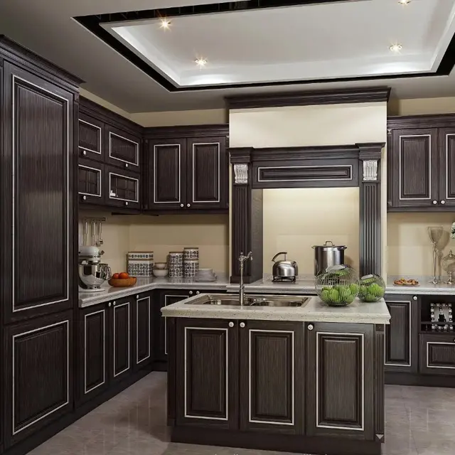 China Suppliers White and Black PVC Kitchen Cabinet with Quartz Kitchen Top,Kerala Furniture