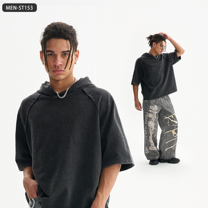 เสื้อยืดมีฮู้ดแบบพรีเมี่ยมวินเทจมี100% สำหรับผู้ชายเสื้อแขนสั้นผ้าคอตตอนแขนแร็กแลนซักได้แนวสตรีทย้อนยุคเสื้อแขนสั้น - Product Image 3