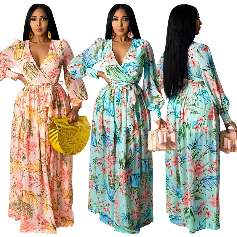 MY760 Latest Design Spring Summer V Neck Floral Print Dress Elegant Beach Dress Long Sleeve Maxi Dresses Sundress