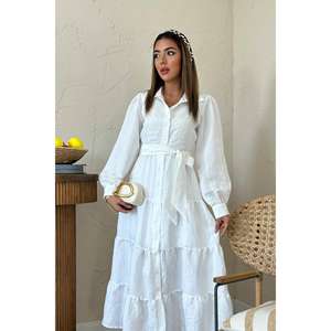 Robe chemise blanche ceinturée avec col rabattu et taille à nouer pour un usage quotidien, en tissu tissé respirant, style décontracté - Product Image 2