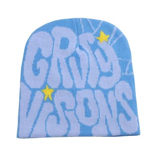 Bonnet Jacquard Style Y2K Crazy Visions Bleu Clair avec Motif Lettres Blanches Respirant Imperméable 100% Coton Décoration Chaînes - Product Image 1