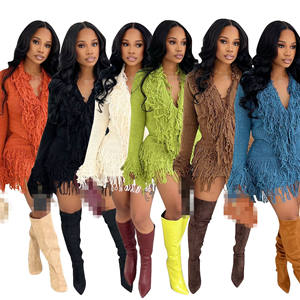 Setelan Dua Potong Wanita Musim Gugur Musim Dingin Lengan Panjang, Atasan Rajut Bodycon Berumbai dan Rok Mini Seksi - Product Image 1