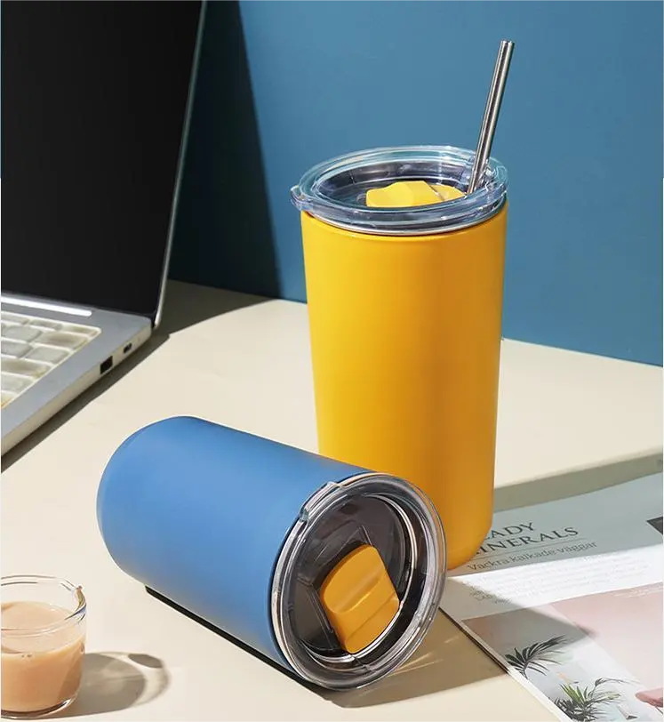460 ML Double Wall 304 Stainless steel Direct Drink Straight Bottle With PP Outer Double Coffee cup With Slip Cover