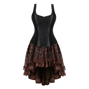Corset gothique pour femmes, Costume de Pirate, robe Bustier, <span class=keywords><strong>Lingerie</strong></span> en cuir PU, dentelle florale, asymétrique, 2 pièces - Product Image 3