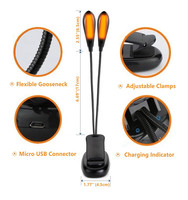 Lampe de lecture à clipser ambre à double bras rechargeable par USB, bloquant la lumière bleue