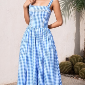 Vestido Casual de Verano para Mujer, Diseño a Cuadros, Bordado, 100% Algodón, Estilo Bohemio, Largo Midi, Venta al Por Mayor OEM - Product Image 1