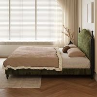 Lit en tissu chenille français, lit plateforme en bois massif rétro du milieu du siècle avec piliers romains pour chambre double