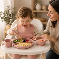 Ensemble d'alimentation pour bébé en silicone personnalisé OEM avec couverts en acier inoxydable et bavoir à nœud papillon pour la vente en gros