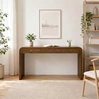 Table console longue Walut à design incurvé avec 3 tiroirs, table d'entrée avec poignées dorées, table d'appoint de rangement pour salon.