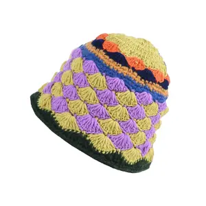 Милый японский стиль Пряжа Ручной Вязки Радужная ромбоевая клетчатая Рыбацкая шляпа женская уличная шляпа-ведро