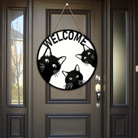 Panneau de bienvenue en bois pour chat, style campagnard américain, impression trois chats noirs, 20x20cm, décoration murale créative pour salon et chambre