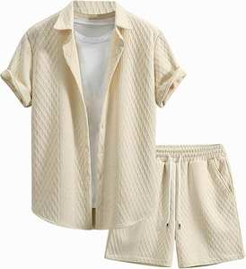 Erkek 2 parça Polo GÖMLEK ve kısa kollu kıyafetler Waffle örgü düğme aşağı gömlek üst ve şortlar Set - Product Image 1