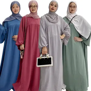 Solid Color Loose Islamic Clothing Big Sleeves Dubai Abayas Pleated Full Length Crew Neck Ethnic Muslim Dress Closed Abaya