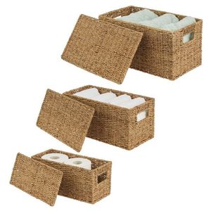 Kinderzimmer-Deko Rattan-Haus Faser-Brotkasten mit Bambusdeckel 3-teilig Oxford-Stoff Wäschekorb Seegras-Korb mit Fächern - Product Image 5