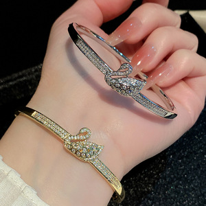 Swan Theme <b>Copper</b> Bangle With Zircon Accents Plated Gold And Platinum For Women Gift Jewelry - Product Image 1