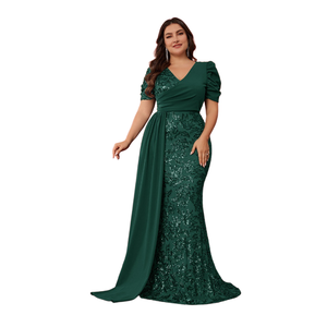 Abito Lungo <span class=keywords><strong>da</strong></span> <span class=keywords><strong>Sera</strong></span>/Cocktail Elegante Plus-Size Stile Europeo-Americano con Paillettes, Patchwork, Scollo a V e Maniche a Sbuffo in Poliestere - Product Image 2