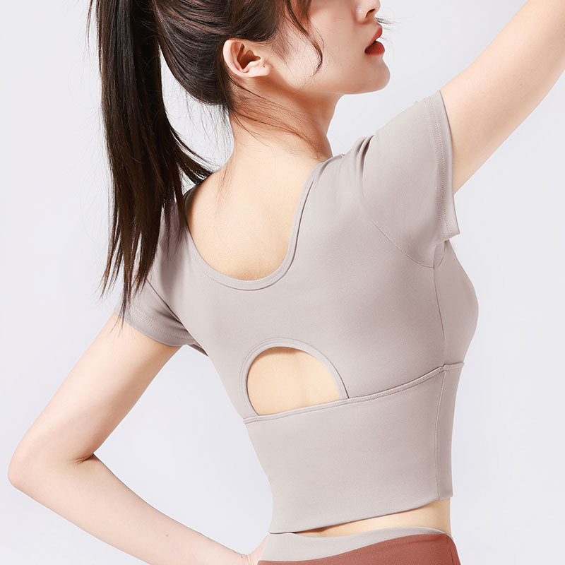 Nude-feeling Breathable Lightweight Sports Tights Peach-Colored Patchwork Top Bra-Free Outer Wear Yoga Short-Sleeved Shirt