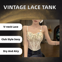 Nuevo Top sin mangas elástico de encaje con cuello en V estilo vintage francés, sexy, para club, camisola, chaleco, transpirable, de secado rápido, ecológico, para mujer