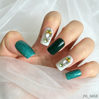 Faux ongles à presser en ABS vert foncé pailleté, forme carrée moyenne, avec décorations de luxe en strass et pierres précieuses, réutilisables, 24 pièces